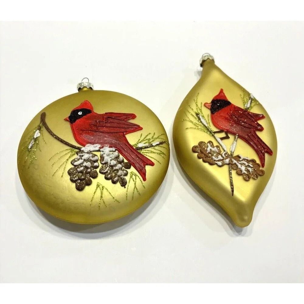 Vtg Christmas Ornaments Glass Red CARDINAL Bird Gold Handpainted Set Christmas